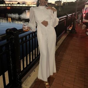 ASOS Luxe ruched chiffon jumpsuit with blouse sleeves & lace detail